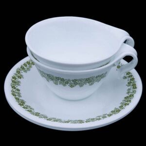 Vintage Green Spring Blossom Corelle Cup and Saucer (Set of Two) Crazy Daisy